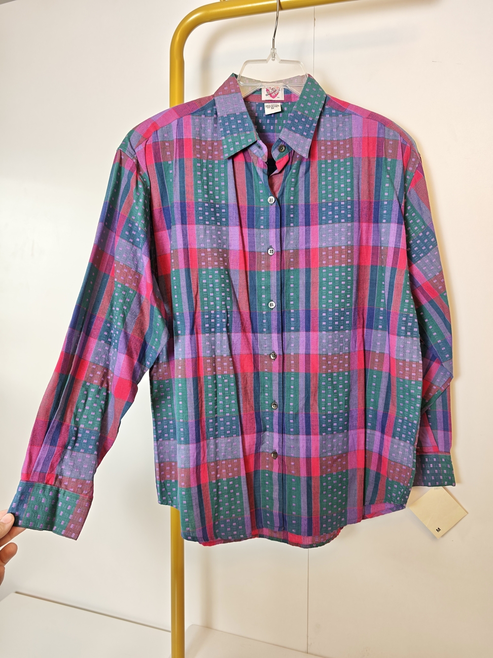 Vintage Western KEREN Hart Pink, Green & Purple Plaid Button-Down Shirt NEW Sz M